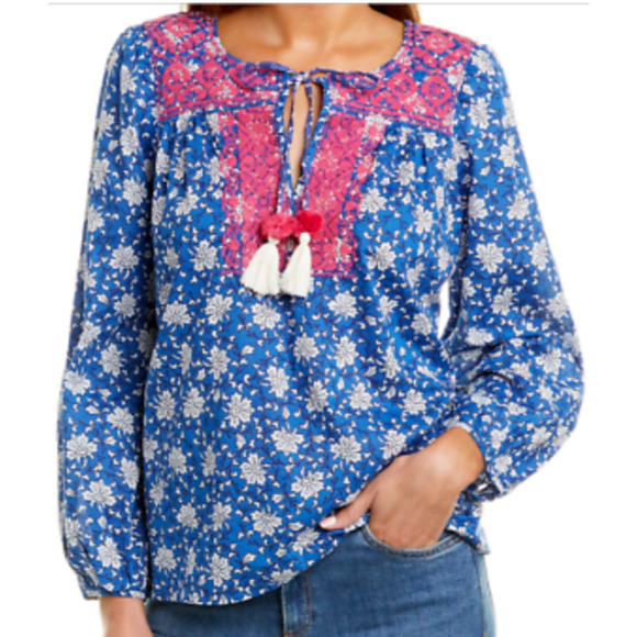 J.CREW BEAUTIFUL embroidered 100% cotton voile top in block print Size M coastal - Picture 2 of 16